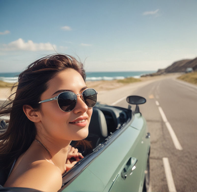 While driving a convertible, a person with sunglasses cruises along a coastal highway, enjoying the ocean view.