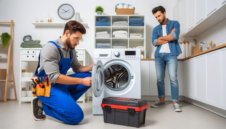 A professional repair technician working on a washing machine while a car owner observes thoughtfully nearby.