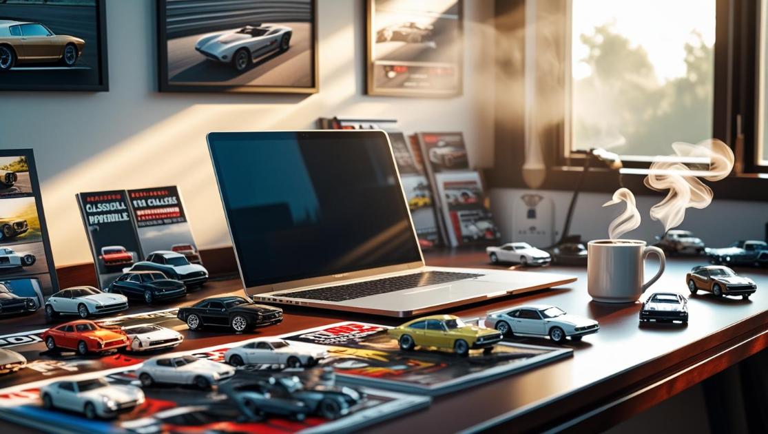 Sunlit desk with laptop, car magazines, coffee, and miniature car models scattered.