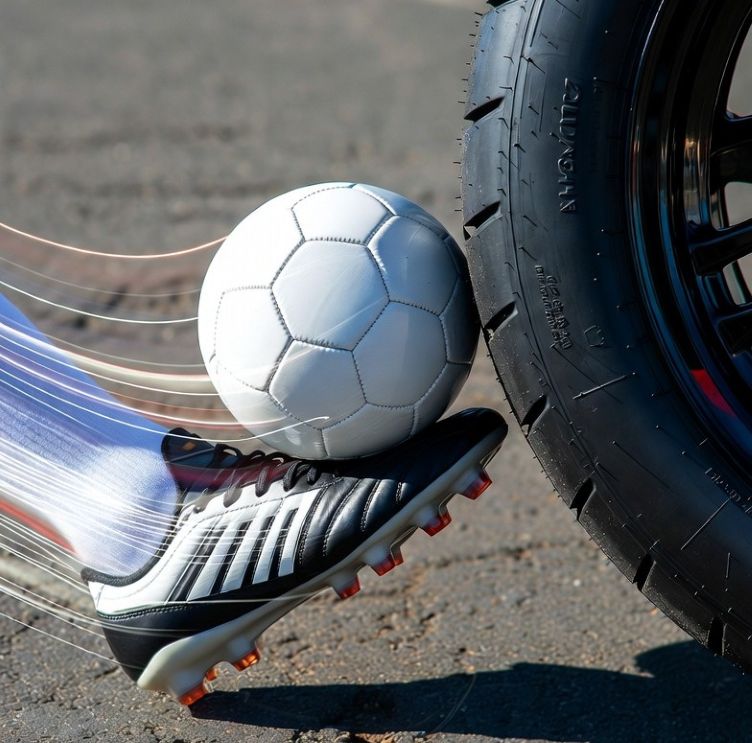 football boot striking a ball towards a car tire