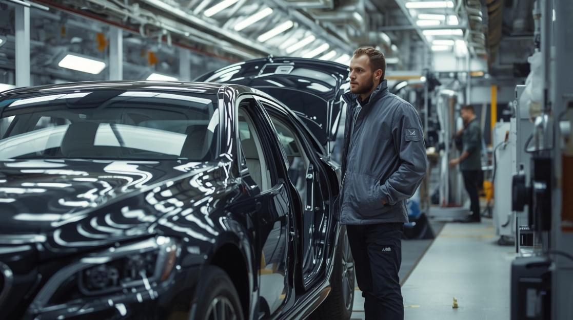 Engineer observes luxury vehicle assembly beside advanced pneumatic robotics inside bright automotive factory.
